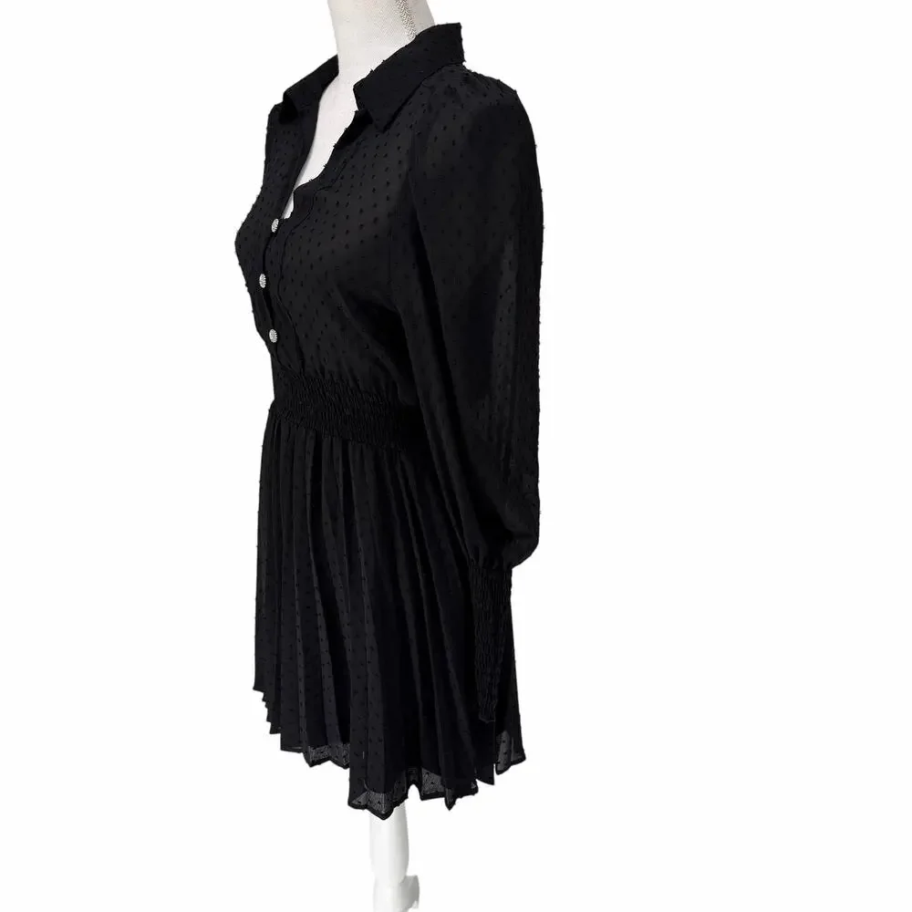 Zara Black Chiffon Swiss Dot Smocked Detail Mini Dress Small - Picture 2 of 9